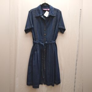 Woman Within Blue Denim Button-Up Dress with Belt Short Sleeves Sz 18WP New